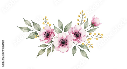 Elegant Watercolor Pink Anemone Flower Bouquet Arrangement for Wedding Invitations and Branding