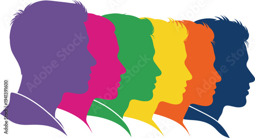 Colorful human profile silhouettes representing diversity, teamwork, leadership, community unity concept in modern flat vector illustration
