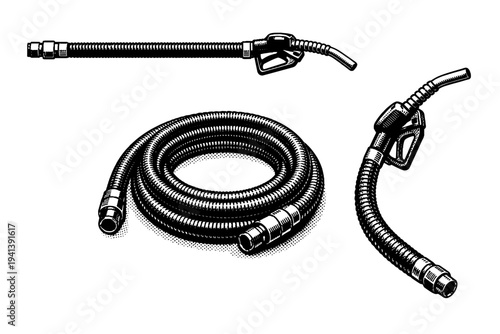 Retro gas pump hose A realistic vintage fuel hose with visible ribbing, curvature, and connector ends, shown in three views including straight, coiled, and