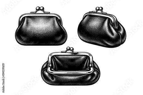 Wallet ? coin purse wallet. A realistic coin purse wallet displayed as the same object in three different views, highlighting rounded form, clasp or zip