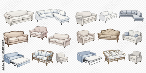 Collection of various watercolor sofas and armchairs for interior design and home furnishing.