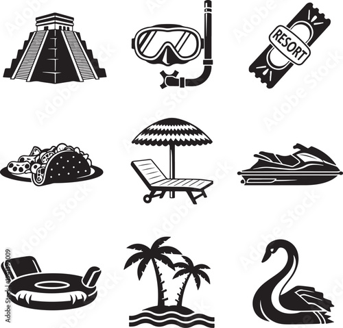 Black Vector Icons for Tropical Vacation and Summer Resort