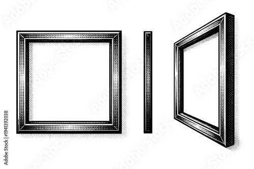 Picture frame square A realistic square picture frame with equal sides and consistent border width shown in three views: front view, side thickness view, and