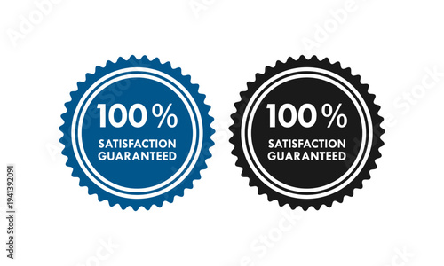 100 percent satisfaction guaranteed circular badge with stars. Quality assurance seal for premium service and customer trust. Blue and black vector stamp icons on white background.