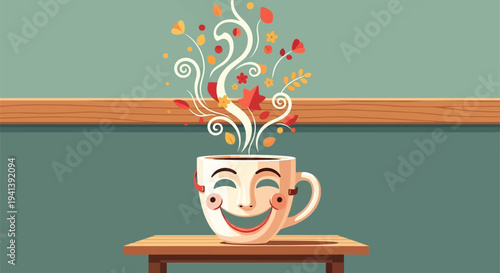 Smiling coffee cup with colorful steam rising on a wooden table in a green room