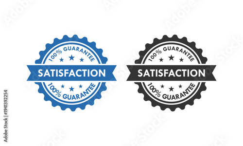 100 percent satisfaction guaranteed circular badge with stars. Quality assurance seal for premium service and customer trust. Blue and black vector stamp icons on white background.