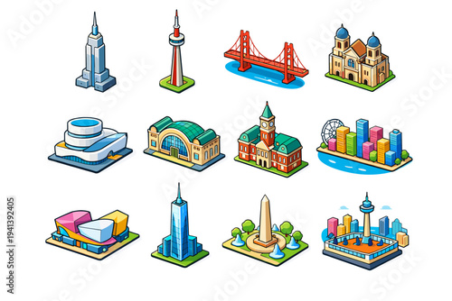 City Landmarks. Colorful isometric vector icons set of City Landmarks: iconic skyscraper, observation tower, city bridge landmark, historic building, modern