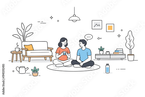 Underconsumption core home. Simple interior with minimal furniture, plants, and plenty of empty space, calm and balanced atmosphere. Scene expresses comfort,