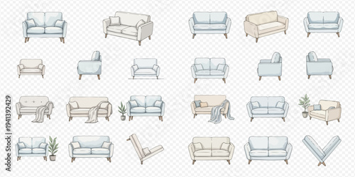 Collection of various modern and comfortable sofas and armchairs for home interior design, isolated on transparent background.