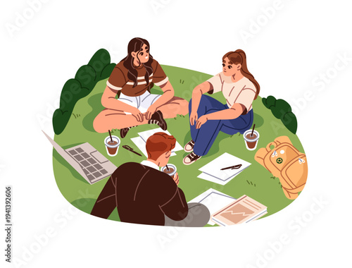 Group of students studies, does homework together. Team of boys and girls discusses school project sitting on grass in park. Friends are learning outdoors. Flat isolated vector illustration on white