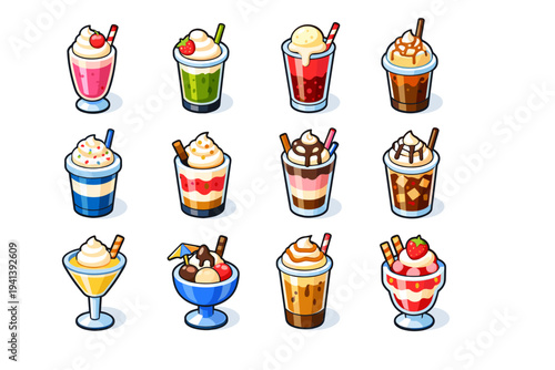 Dessert Drinks. Colorful isometric vector icons set of Dessert Drinks: milkshake with whipped cream, smoothie with cream topping, ice cream float, frappe