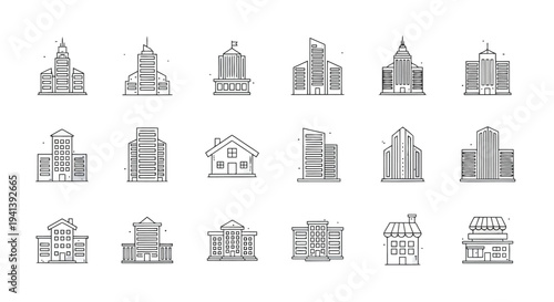 Collection of diverse architectural building icons in minimalist line art style