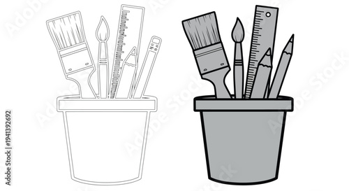 Artistic tools organized in contrasting buckets for creative inspiration