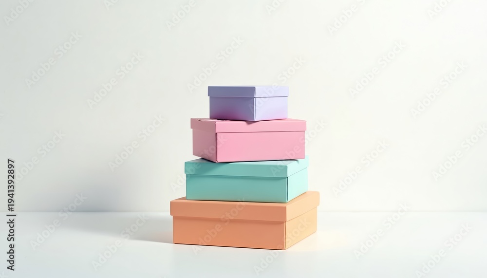 Obraz premium Four pastel gift boxes stacked in a tower. Boxes in peach, mint, pink, and lavender colors on white surface. Surprise gifts for celebrations like birthdays or holidays.