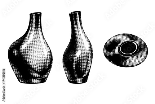 Mid-century home object ? sculptural glass vase with organic asymmetrical form and narrow neck, depicted in frontal view, rotated side view, and top-down view.