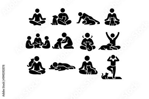 Pet Assisted Yoga. Solid icon set of Pet Assisted Yoga: therapist yoga with pet, calming pet presence, gentle stretch with pet, grounding pose with pet,