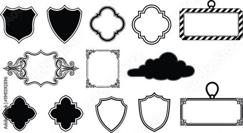 Collection of Decorative Vintage Frames and Heraldic Shield Silhouettes Featuring Ornate Borders, Classic Labels, Cloud Shapes, and Elegant Signage Design Elements