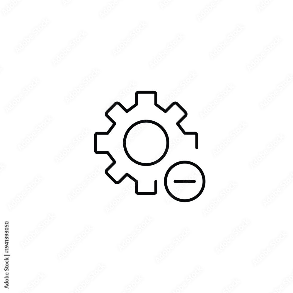 Obraz premium Cogwheel and minus symbol. Settings updates disabled, function stopped. Pixel perfect, editable stroke vector icon