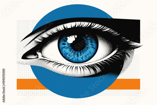 black and white extreme close-up of eye with heavy halftone shading and graphic shadow blocks, intense blue iris sharply contrasted, large deep blue circular