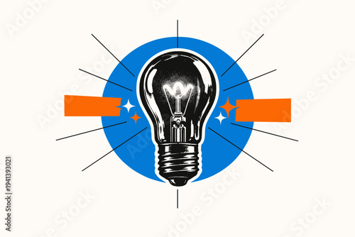 Black-and-white retro lightbulb centered as the main object, subtle white outline cut-out effect around the bulb, bold electric blue circle behind symbolizing