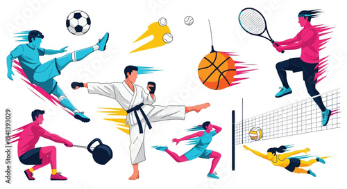 Diverse athletic figures showcase various sports in a colorful illustration