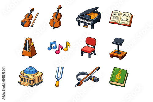 Classical Music. Colorful isometric vector icons set of Classical Music: violin, cello, grand piano, sheet music, metronome, music notes, orchestra chair,