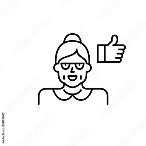 Elderly female user. Satisfaction, trust, positive feedback. Pixel perfect, editable stroke vector icon