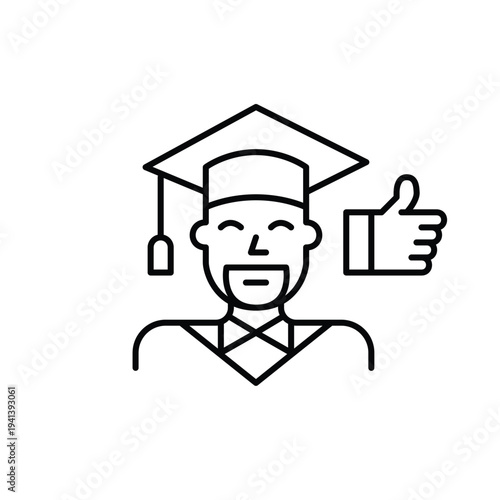 Man in graduation hat and like. Academic approval and education success, degree achievement. Pixel perfect, editable stroke vector icon