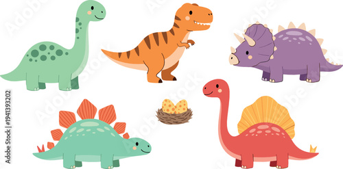 Cute dinosaur vector set with T rex, stegosaurus, triceratops, brachiosaurus and nest egg cartoon prehistoric illustration
