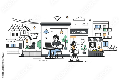 Digital nomad gentrification. A calm street scene where a laptop-working nomad sits in a cafe while local buildings and homes subtly change around. Quiet