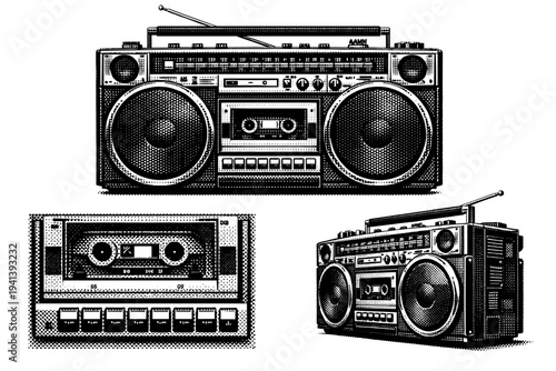 Vintage boom box. A vintage boom box represented as one object in three distinct views emphasizing large speakers, cassette deck, and mechanical detailing.