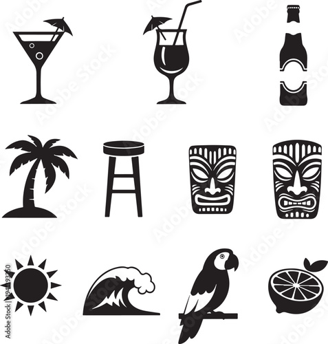 Tropical Summer Icons Set with Cocktail Glasses and Palm Tree Silhouettes