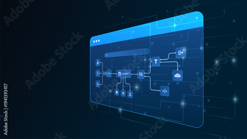 AI workflow automation artificial intelligence. ai agent network diagram dashboard machine learning with node input, processing flow, data, cloud and automation flow.