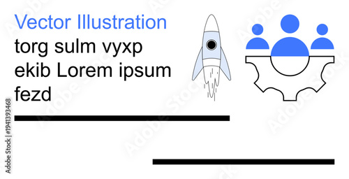 Business collaboration, teamwork, innovation, technology, startup, project development. A rocket and gear symbol with blue user icons. Teamwork and innovation concept illustration