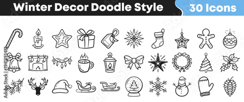 Collection of thirty adorable winter and christmas themed doodle style outline icons perfect for holiday design projects