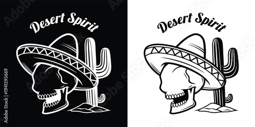 Striking black and white graphic design featuring a desert spirit skull wearing a sombrero next to a saguaro cactus silhouette