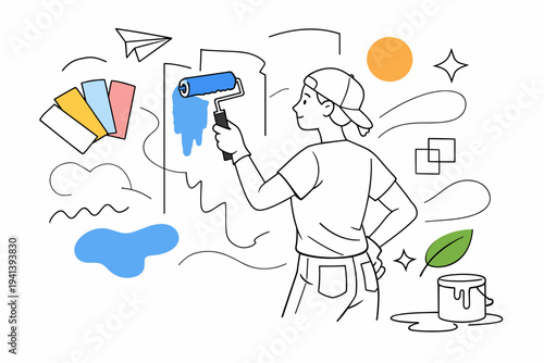 Painting a Room a New Color. Person rolling fresh paint onto a wall, smooth confident movement, calm focus. Floating color swatches and abstract shapes suggest