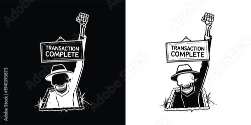 A smiling skeleton wearing a fedora emerges from a grave, celebrating a completed transaction with a raised fist holding a wooden sign.