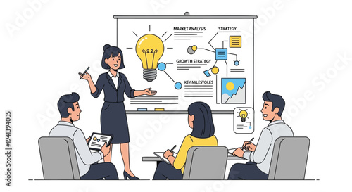 Vector illustration of business team in meeting with presentation