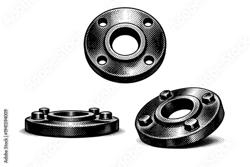 Fire hydrant base flange A realistic fire hydrant base flange with bolt holes and circular mass, shown in three views including top view, side profile, and