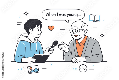 Recording family history interview. A teenager records an elderly relative speaking, with a small microphone and tablet between them, friendly eye contact and
