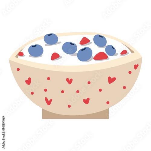 Healthy breakfast bowl with blueberry, strawberry and heart oat oatmeal