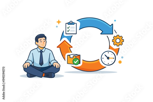 Operations manager process arrows conveyed through a calm character seated beside a looping arrow system with small task symbols, reflecting stability,