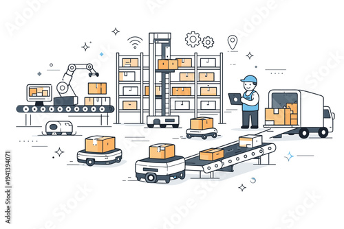 Warehouse automation systems. Calm editorial overview of a modern warehouse with automated conveyors, robots, and organized shelves working together smoothly.