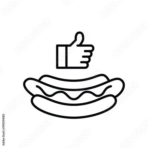 Hot dog with ketchup and like. Fast food order approval, meal satisfaction positive customer feedback. Pixel perfect, editable stroke vector icon