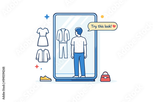 Augmented reality mirror for virtual outfit try on enhancing everyday dressing decisions. A clean reflective surface shows alternate clothing outlines and a