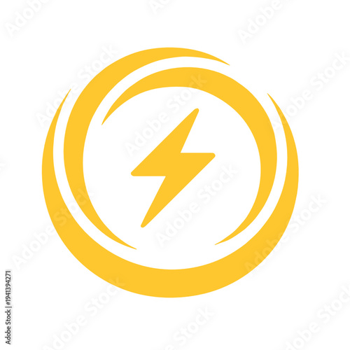 Yellow lightning bolt inside a dynamic circular swoosh. Clean flat vector symbol for electricity, energy, speed, power, charging, warning, and modern technology concepts.