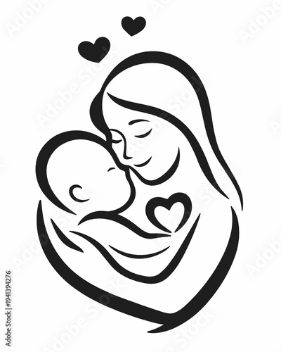 Black and gray line art of a mother cuddling her child with a heart on the baby chest. Minimal family vector icon for parenting, maternal care, trust, tenderness and emotional connection.