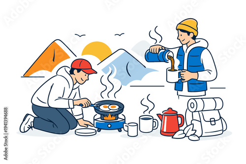 Campfire breakfast preparation. A camper kneels beside a portable stove frying eggs while another pours coffee from a thermos, mountains simplified in abstract