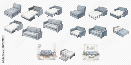 Set of various sofa beds and chairs, transforming furniture for small spaces, and interior design elements.